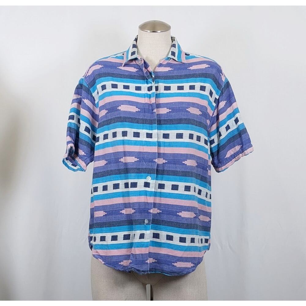 Vintage 90s Blouse Southwest Print Camp Shirt Angelique Imports Women's Size S